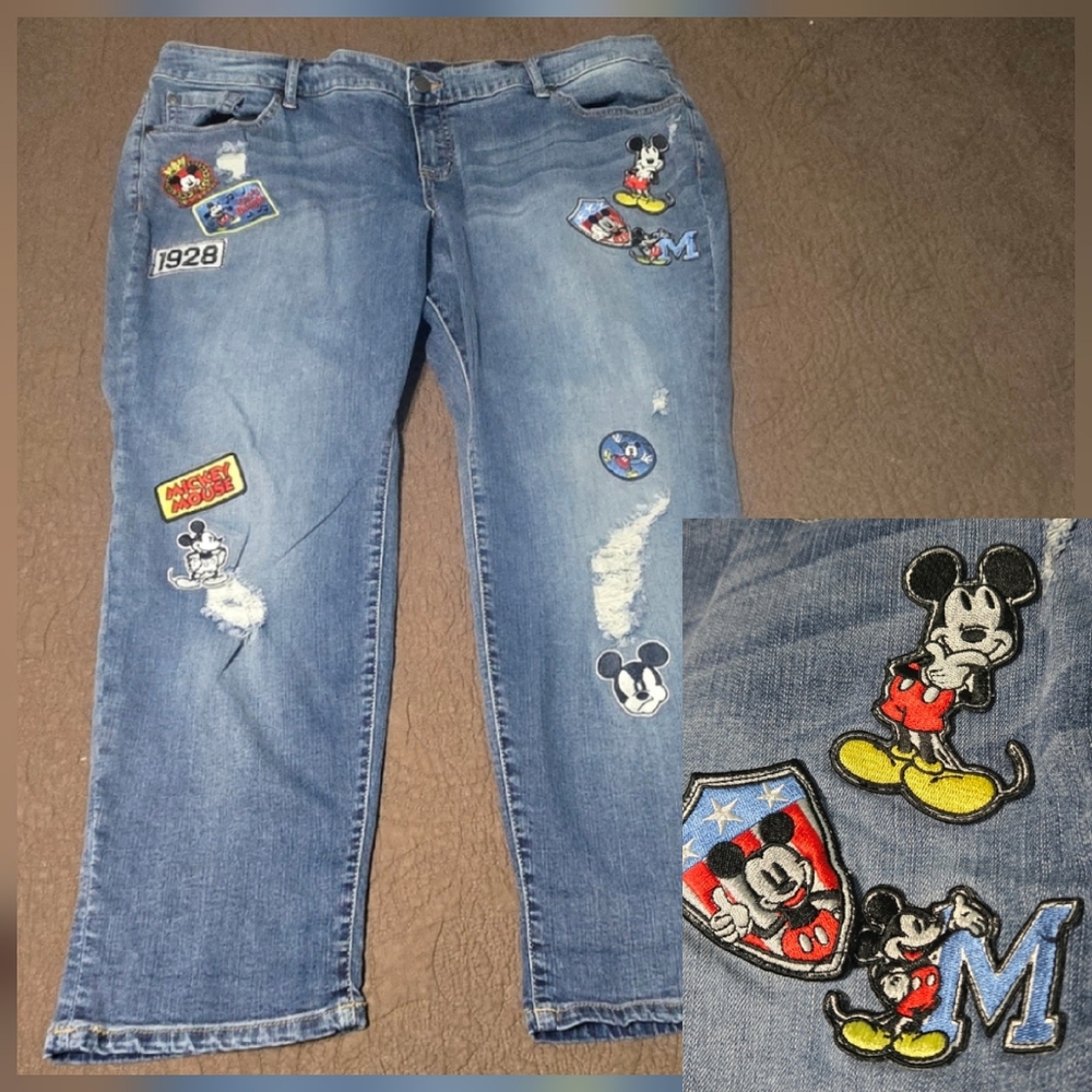 Disney Mickey Mouse Jeans Distressed with Patches, Size 22